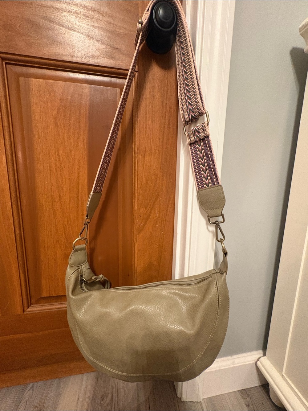 Anthropologie Faux Leather Crossbody Bag in Olive Green with Decorative Strap